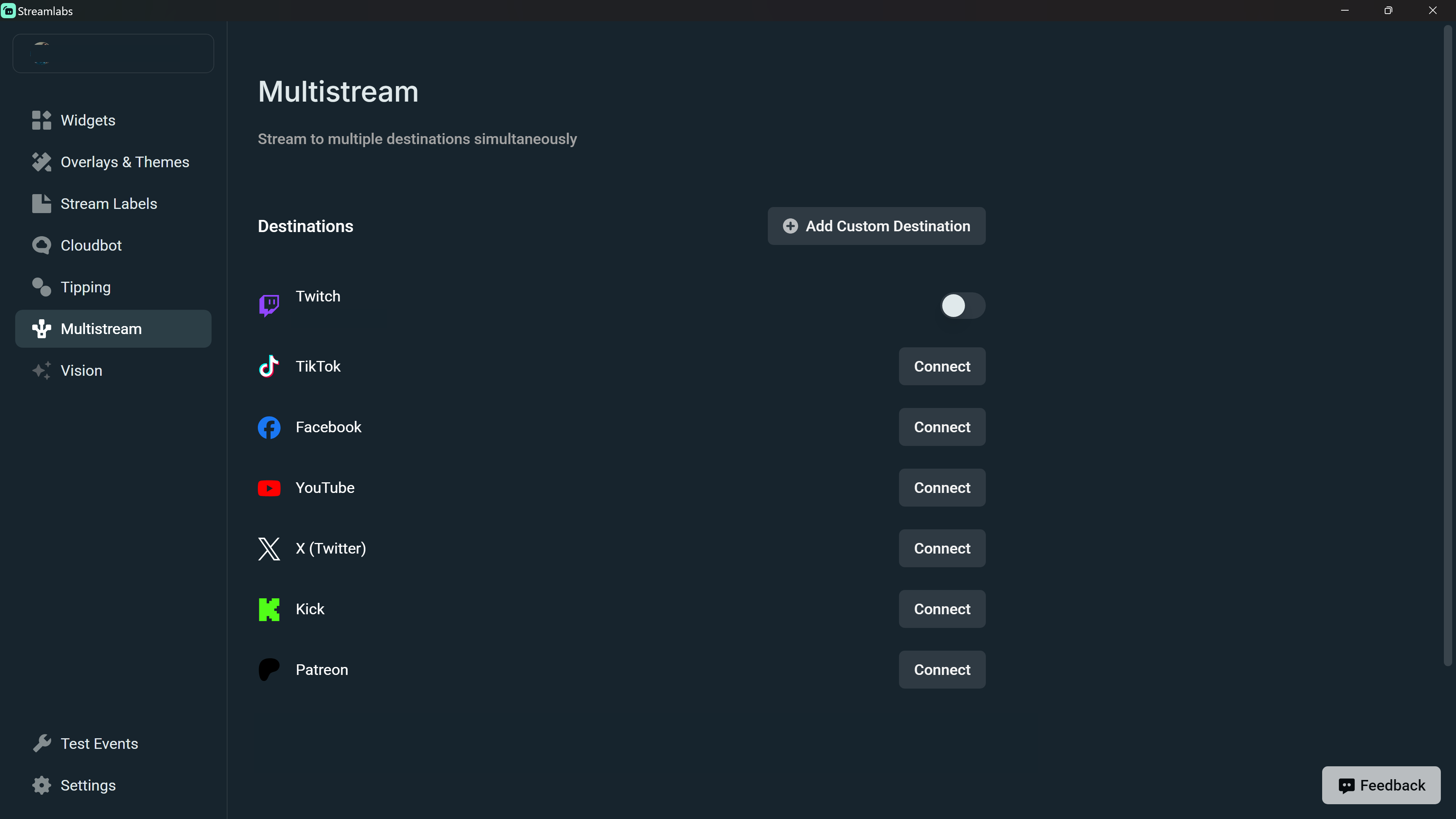 Multistream tab in the Streamlabs Plugin for OBS